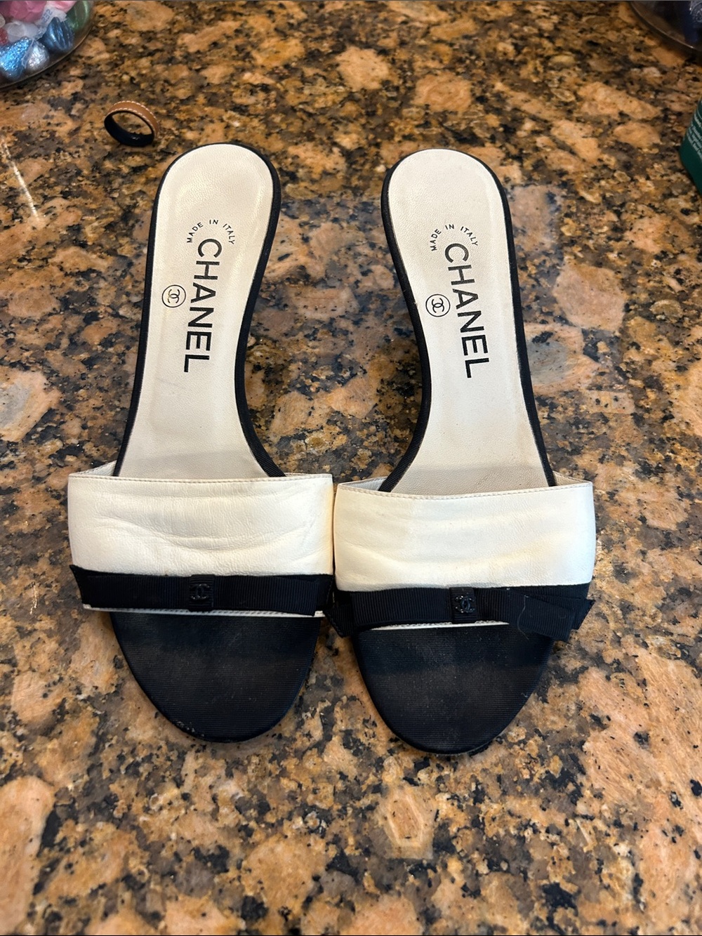 CHANEL Cream and Black Open-Toe Slide Mules